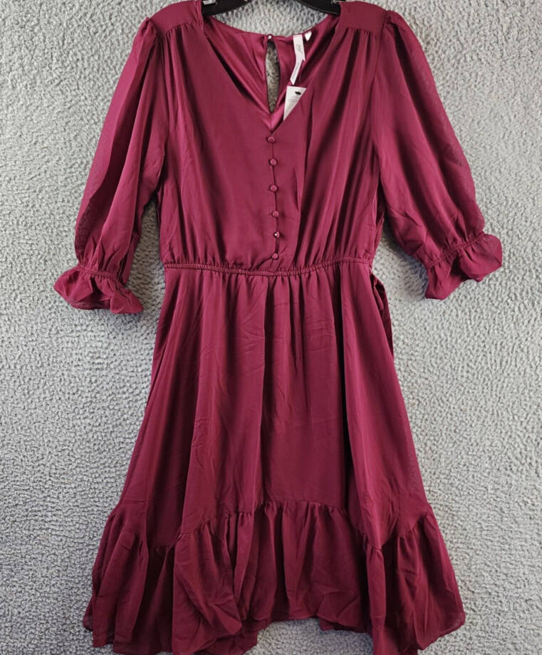 NY Collection Petite 3/4 Sleeve V-neck Flounced Dress Women's PL Wine Tie Belt