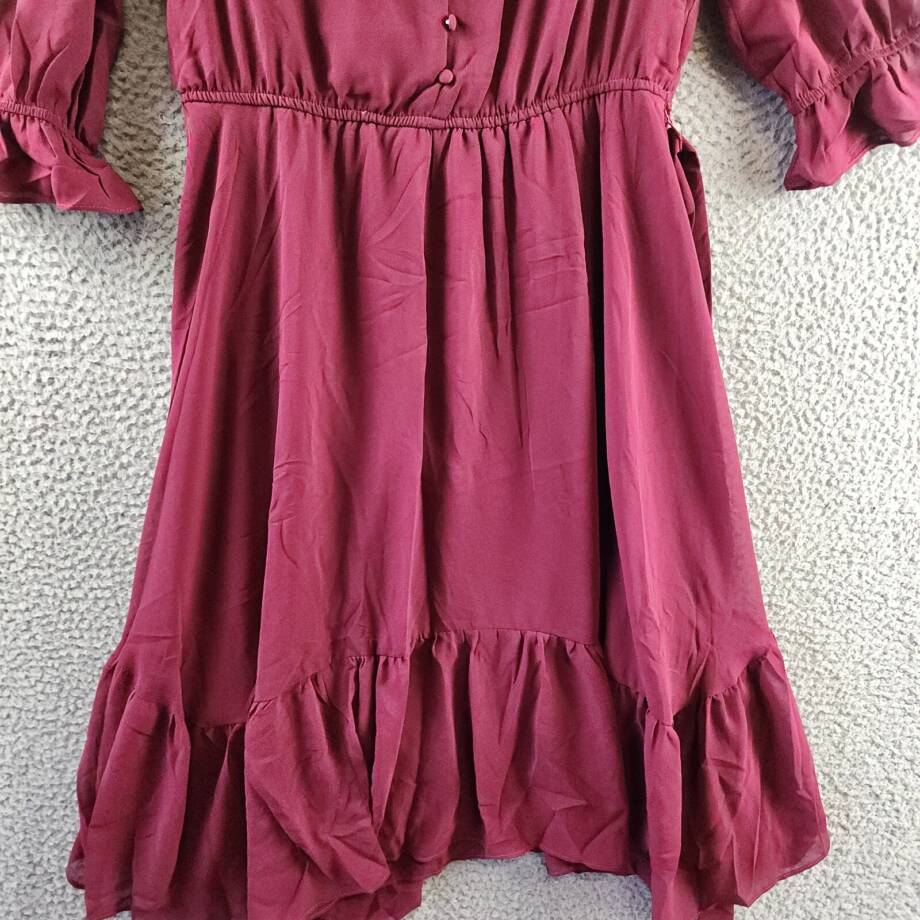 NY Collection Petite 3/4 Sleeve V-neck Flounced Dress Women's PL Wine Tie Belt