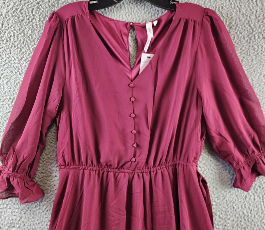 NY Collection Petite 3/4 Sleeve V-neck Flounced Dress Women's PL Wine Tie Belt