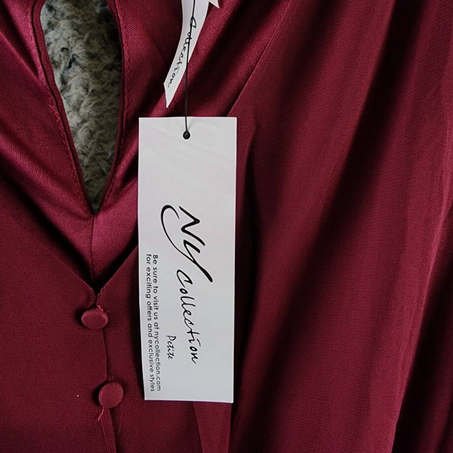 NY Collection Petite 3/4 Sleeve V-neck Flounced Dress Women's PL Wine Tie Belt