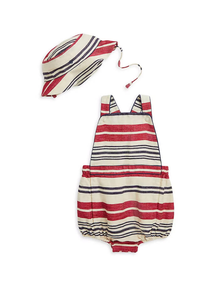 Ralph Lauren Linen Striped Bubble Shortalls & Hat Set Baby Boys 12M Multi Snap