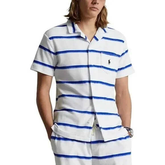 Polo Ralph Lauren Custom Slim Fit Striped Terry Camp Shirt Men's S White/Blue~