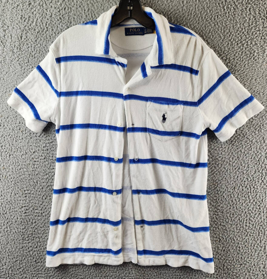 Polo Ralph Lauren Custom Slim Fit Striped Terry Camp Shirt Men's S White/Blue~