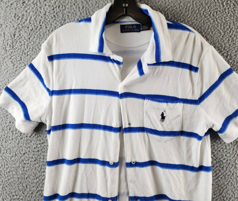 Polo Ralph Lauren Custom Slim Fit Striped Terry Camp Shirt Men's S White/Blue~