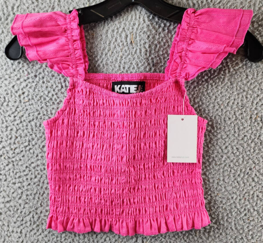 KatieJ NYC Joanna Smocked Crop Top Girls' XL Neon Pink Square Neckline Pullover~