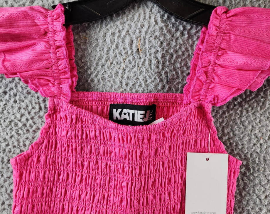 KatieJ NYC Joanna Smocked Crop Top Girls' XL Neon Pink Square Neckline Pullover~