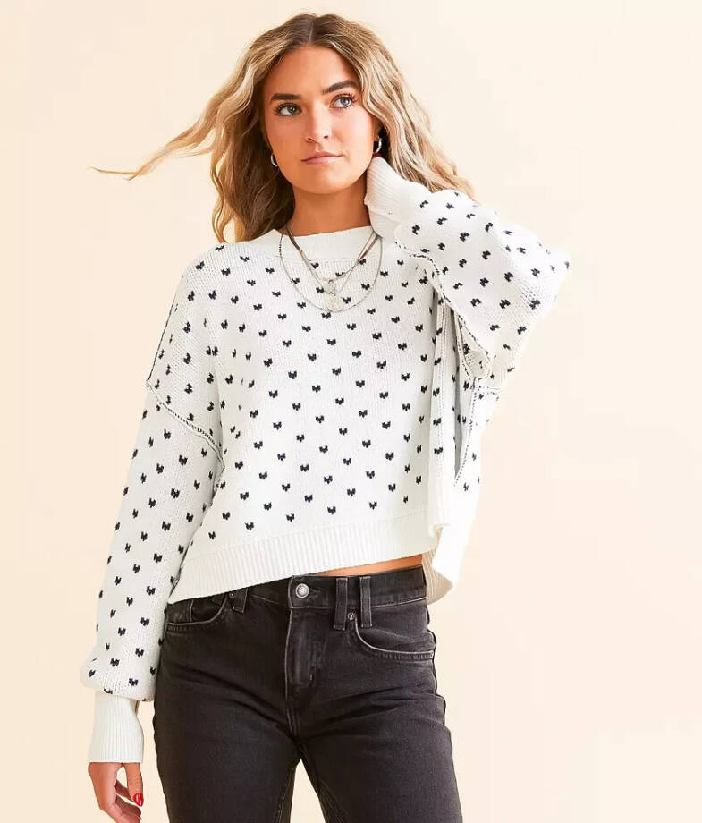 Free People Easy Street Patterned Crop Mock Sweater Women's S White Navy Combo~