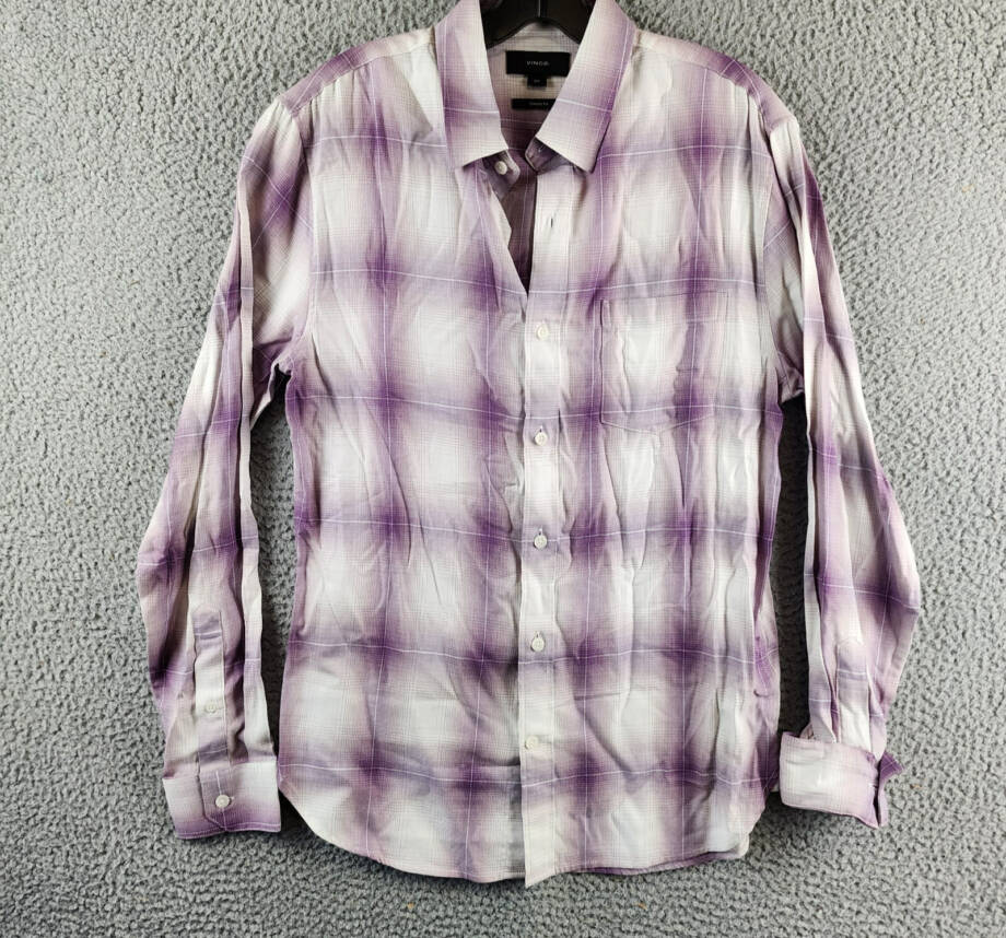 Vince Mirage Classic Fit Plaid Long-Sleeve Button Up Shirt Men's S Purple/White