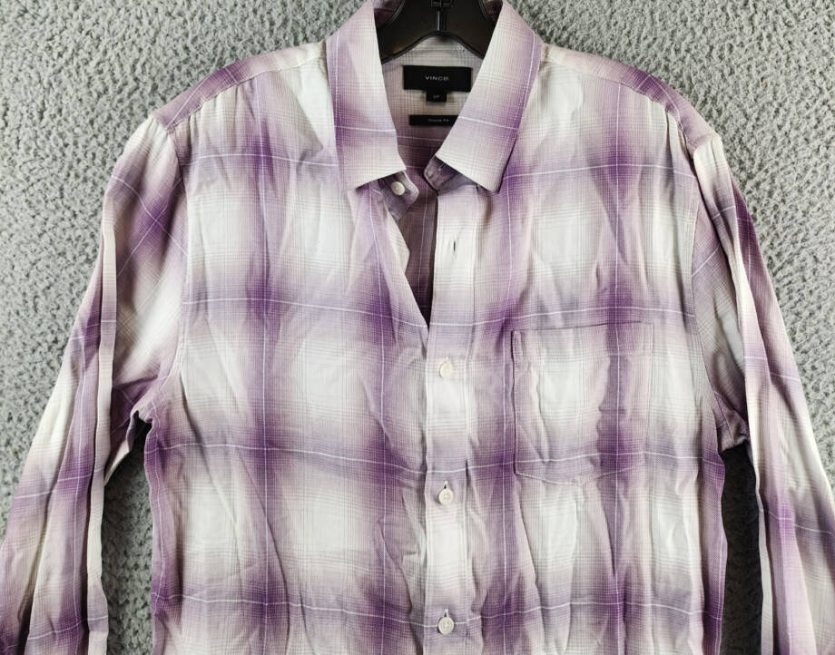Vince Mirage Classic Fit Plaid Long-Sleeve Button Up Shirt Men's S Purple/White