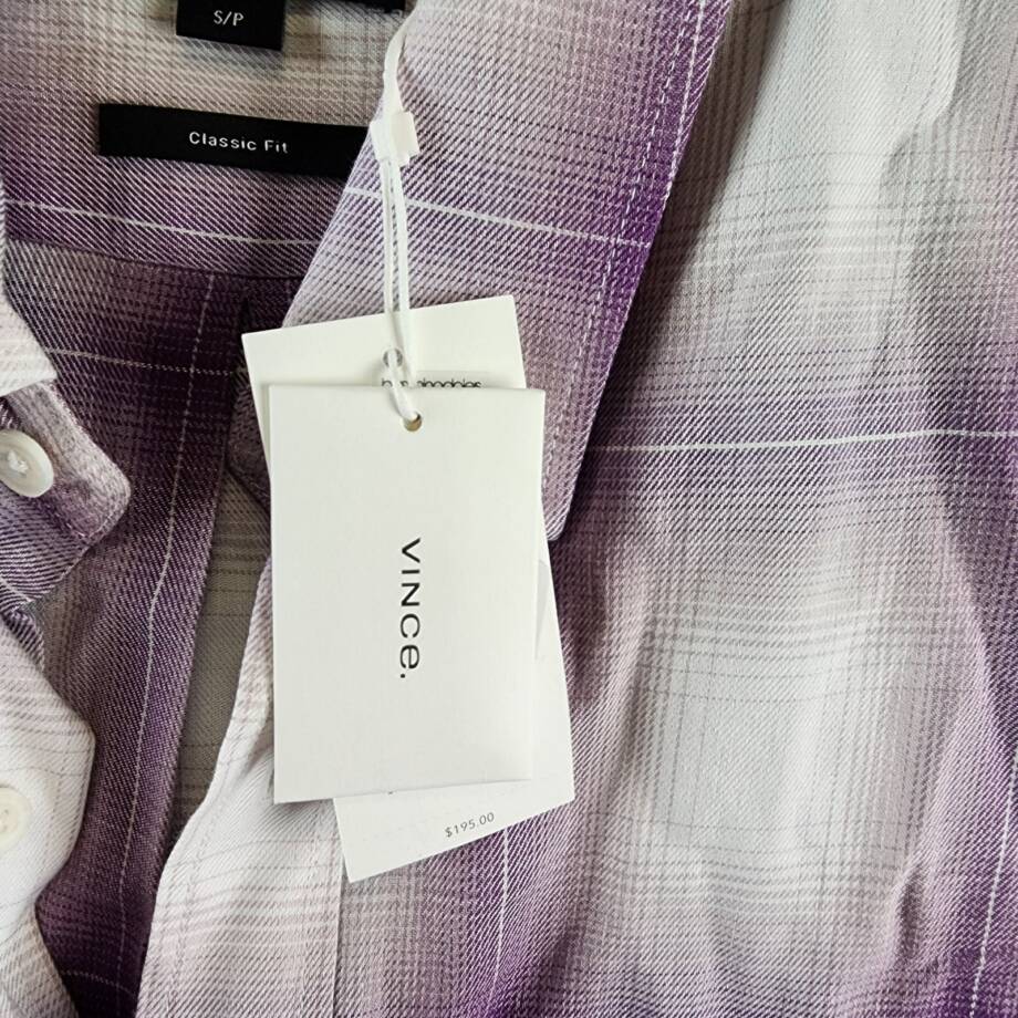 Vince Mirage Classic Fit Plaid Long-Sleeve Button Up Shirt Men's S Purple/White