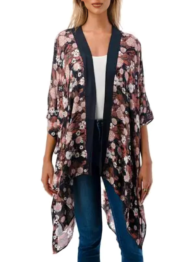 MARCUS ADLER Parker Floral Kimono Wrap Women's One Size brown Multi 3/4 Sleeve