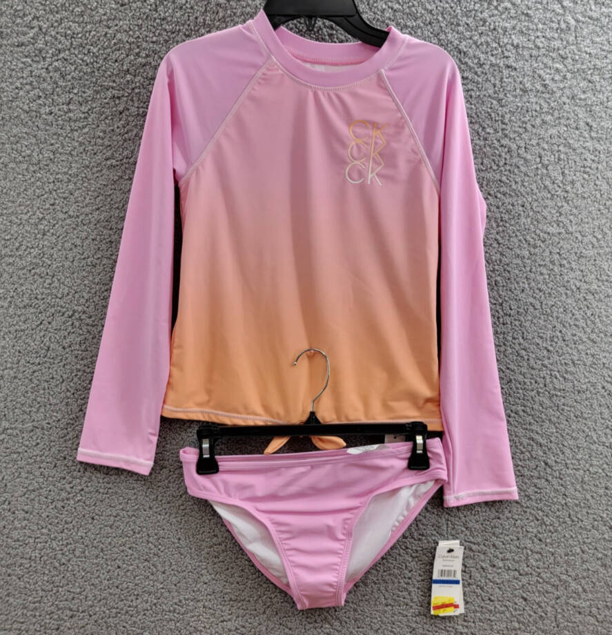 Calvin Klein Dip Dye Effect Rashguard Set Swimsuit Big Girls XL Pink Frosting