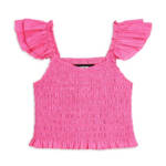 KatieJnyc Joanna Smocked Crop Top Girls L Neon Pink Square Neck Pullover S/S