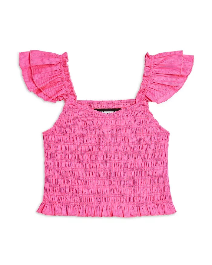 KatieJnyc Joanna Smocked Crop Top Girls L Neon Pink Square Neck Pullover S/S