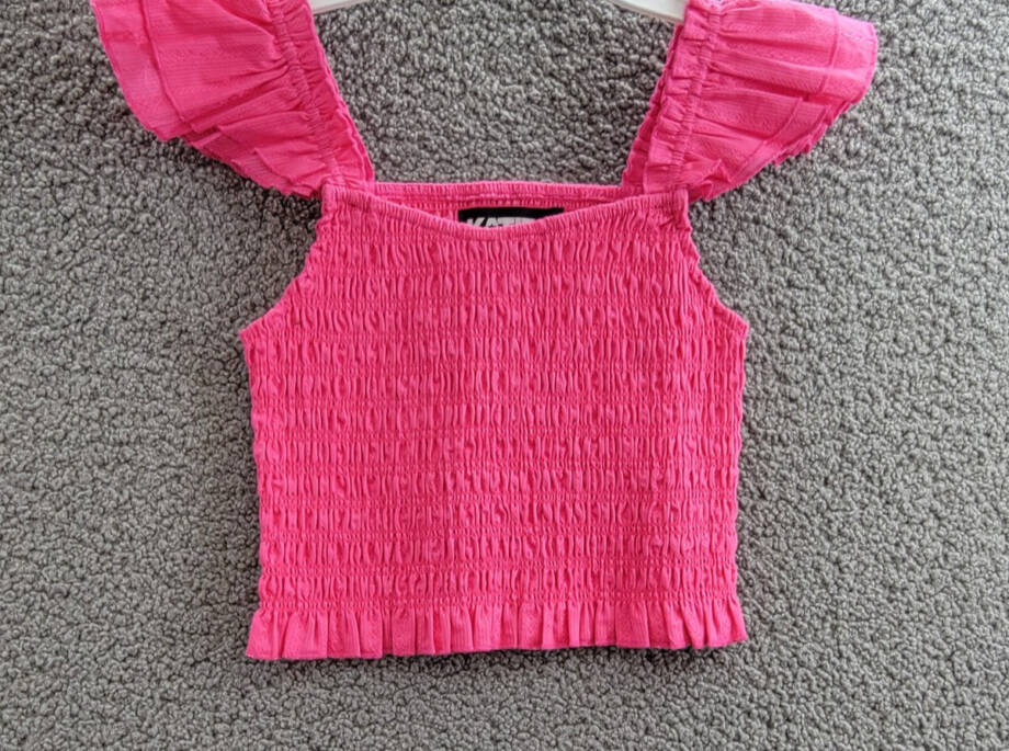 KatieJnyc Joanna Smocked Crop Top Girls L Neon Pink Square Neck Pullover S/S