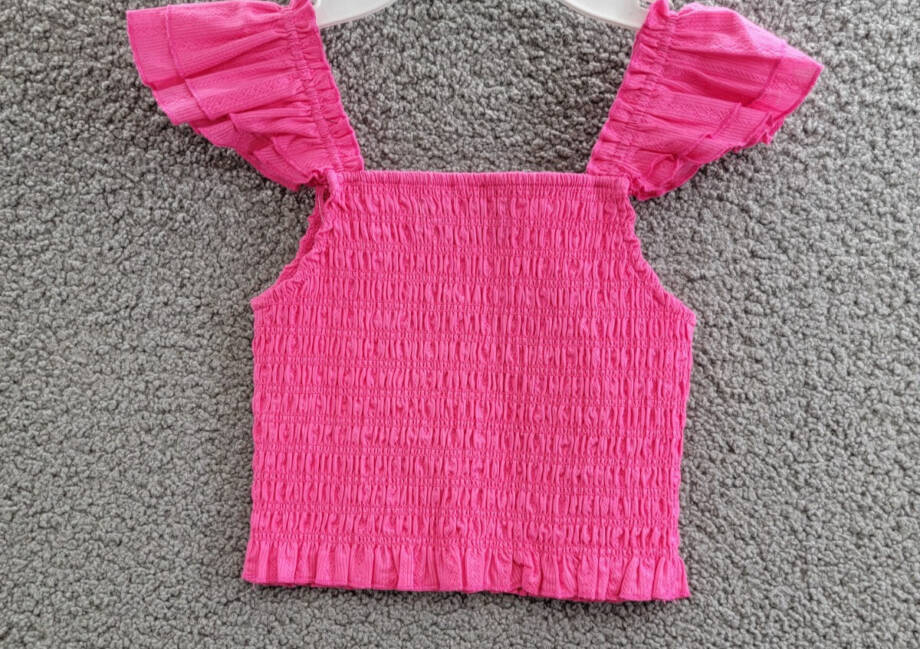 KatieJnyc Joanna Smocked Crop Top Girls L Neon Pink Square Neck Pullover S/S