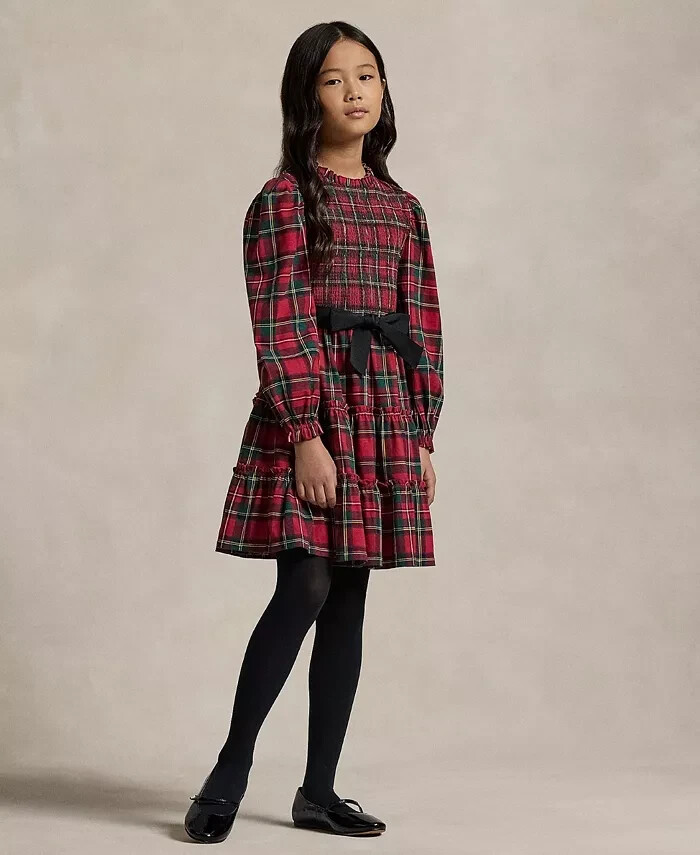 Polo Ralph Lauren Plaid Smocked Jersey Dress Big Girl's XL/16 Red Multi L/S