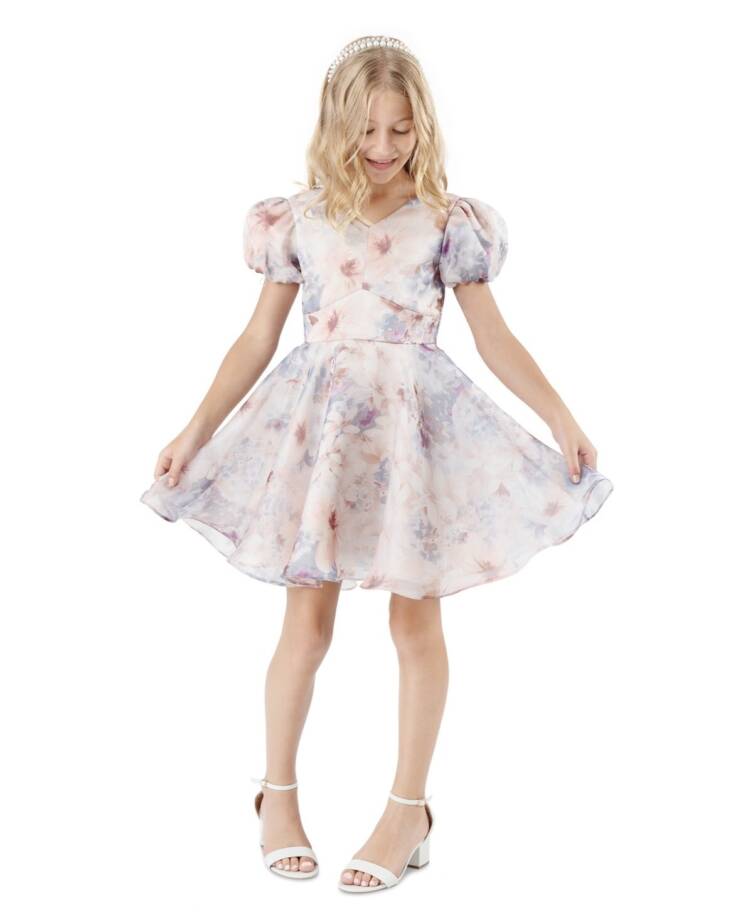 Rare Editions Floral Organza Social Dress Big Girls 12 Taupe Short Puff Sleeve