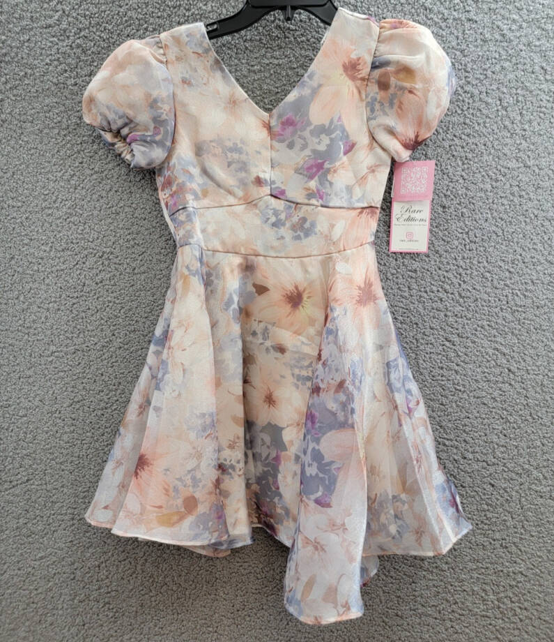 Rare Editions Floral Organza Social Dress Big Girls 12 Taupe Short Puff Sleeve