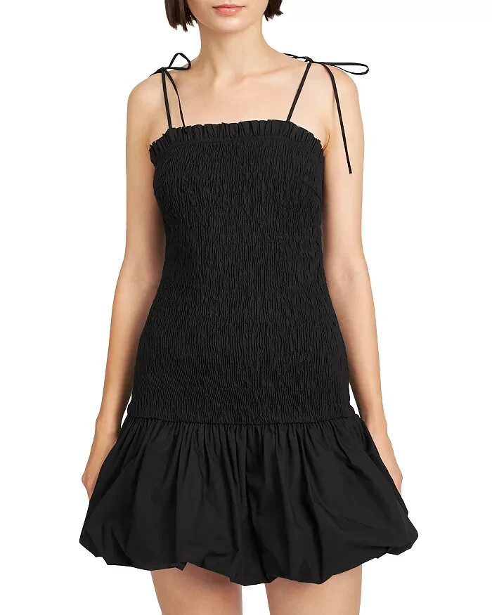 En Saison Smocked Bubble Hem Mini Dress Womens L Black Self-Tie Back Zip Closure