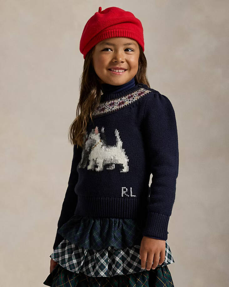 Ralph Lauren Intarsia Dog Fair Isle Wool Sweater Little Girls' 2 Navy Crewneck