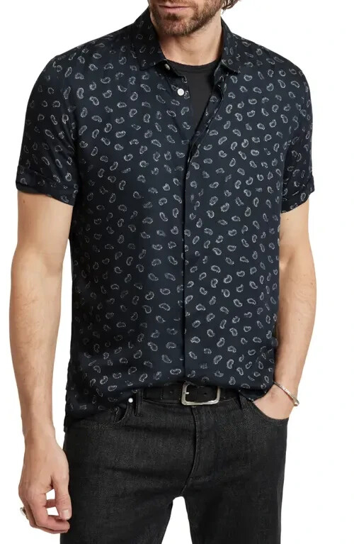 John Varvatos Loren Short Sleeve Button Front Shirt Men's M Black Paisley Print