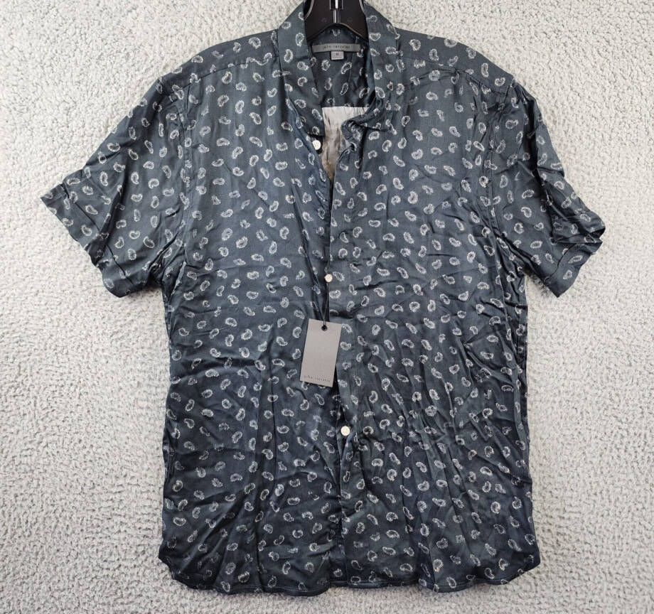 John Varvatos Loren Short Sleeve Button Front Shirt Men's M Black Paisley Print
