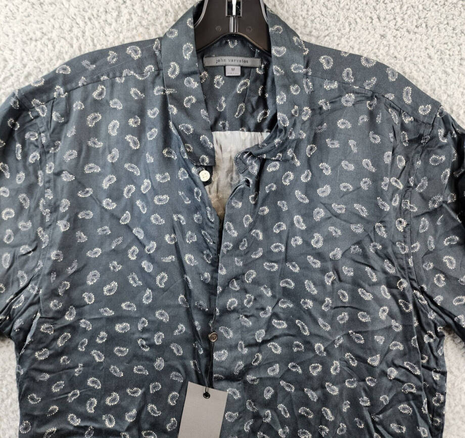 John Varvatos Loren Short Sleeve Button Front Shirt Men's M Black Paisley Print
