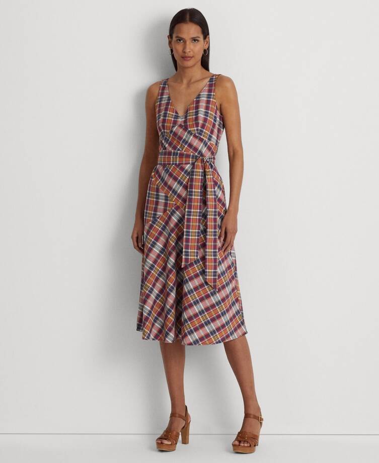 Lauren Ralph Lauren Belted Madras Sleeveless Dress Women's 8 Multicolor V-Neck