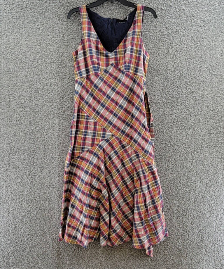 Lauren Ralph Lauren Belted Madras Sleeveless Dress Women's 8 Multicolor V-Neck