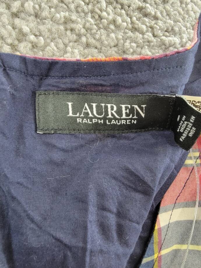 Lauren Ralph Lauren Belted Madras Sleeveless Dress Women's 8 Multicolor V-Neck