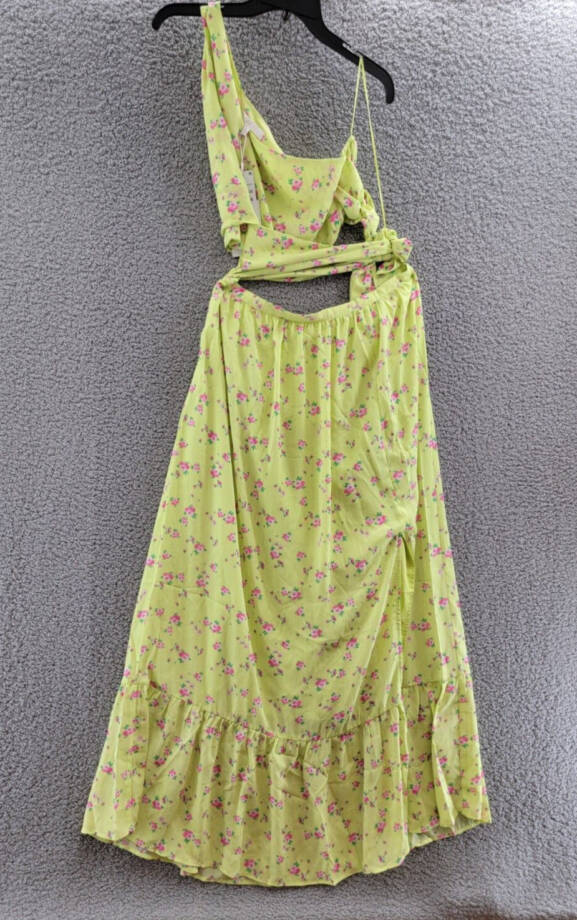Wayf Darlin One Shoulder Cutout Maxi Dress Women's XL Lemon Ditsy Side Slit