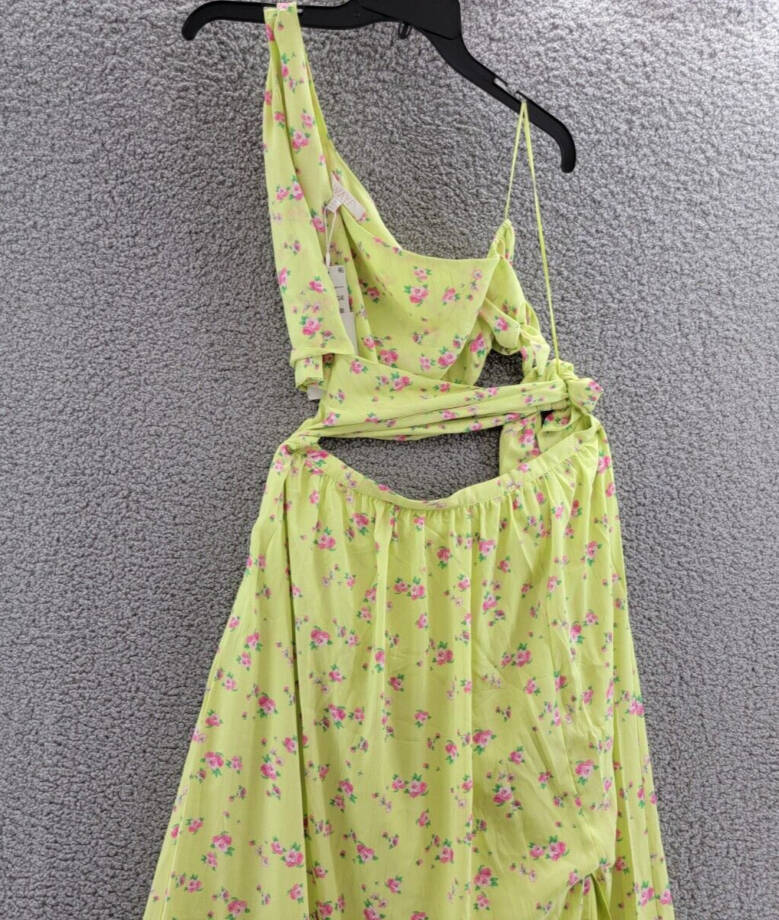 Wayf Darlin One Shoulder Cutout Maxi Dress Women's XL Lemon Ditsy Side Slit