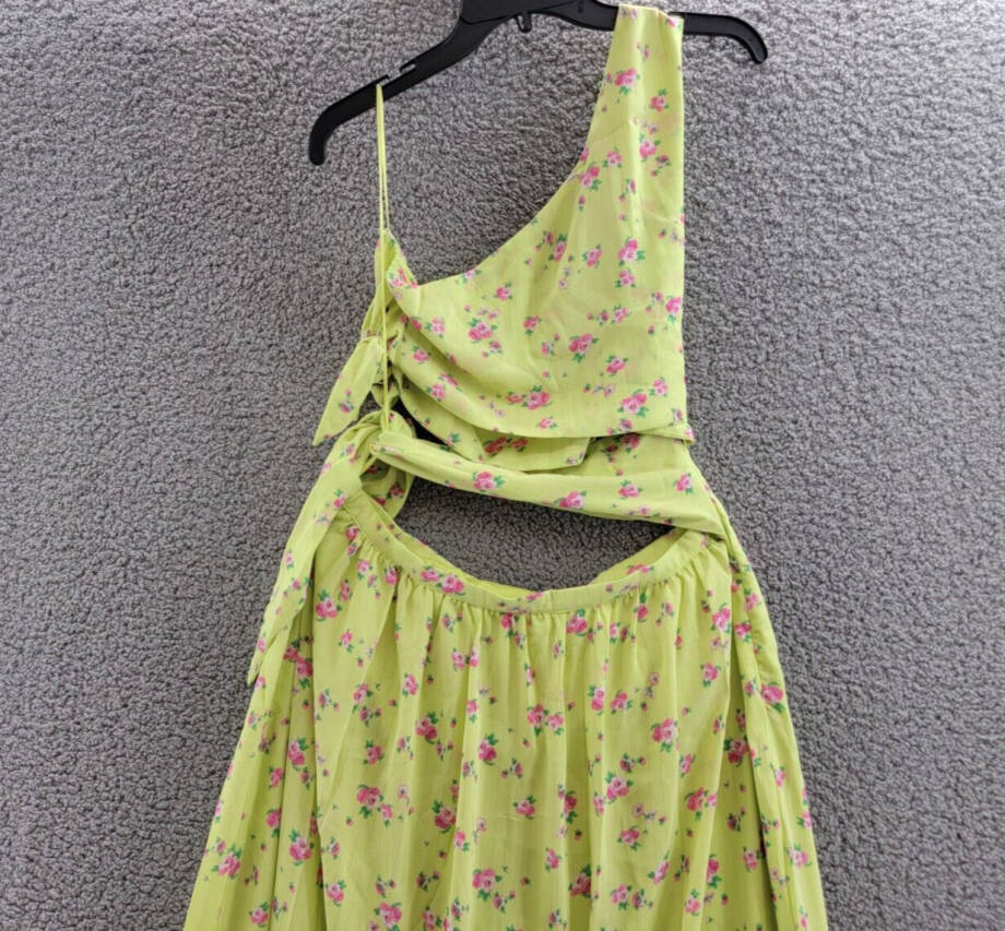 Wayf Darlin One Shoulder Cutout Maxi Dress Women's XL Lemon Ditsy Side Slit