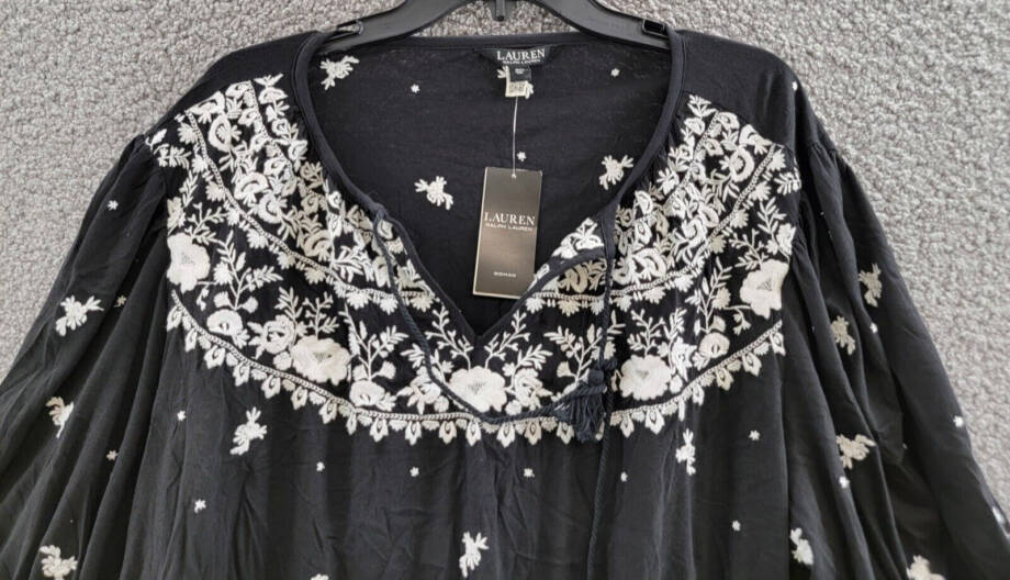 Lauren Ralph Lauren Plus Embroidered Jersey Tie Neck Top Women's 2X Black/White