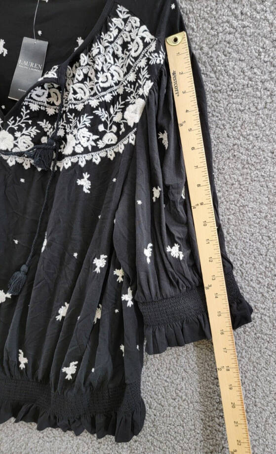Lauren Ralph Lauren Plus Embroidered Jersey Tie Neck Top Women's 2X Black/White