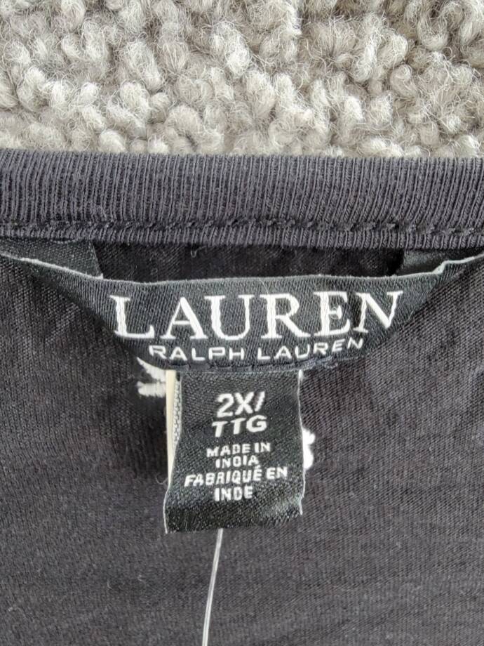 Lauren Ralph Lauren Plus Embroidered Jersey Tie Neck Top Women's 2X Black/White
