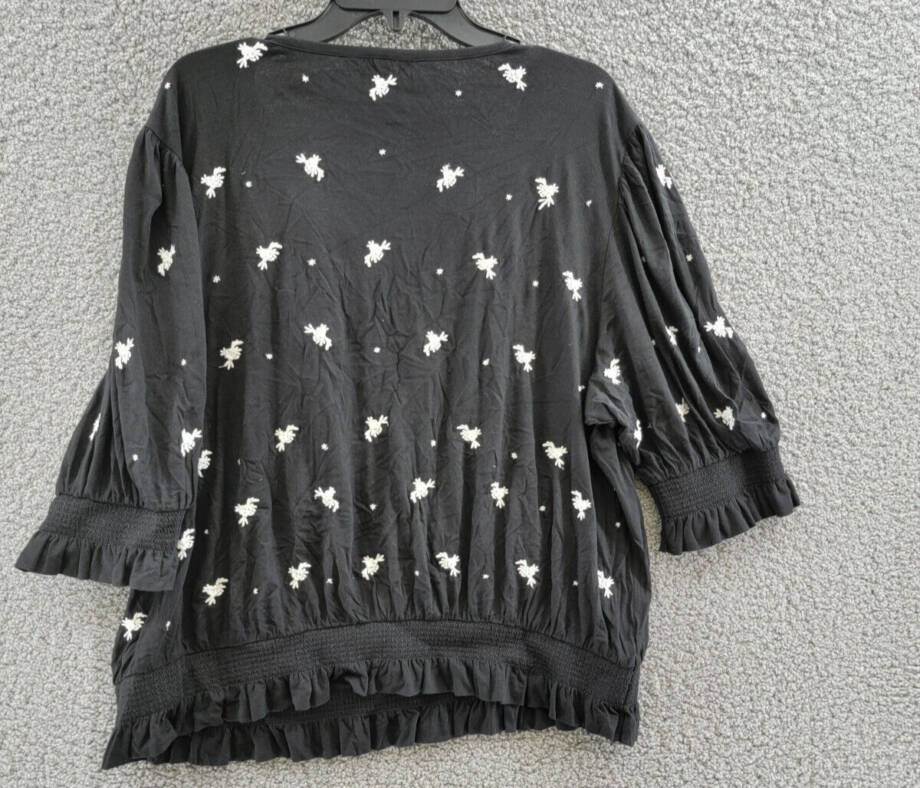 Lauren Ralph Lauren Plus Embroidered Jersey Tie Neck Top Women's 2X Black/White