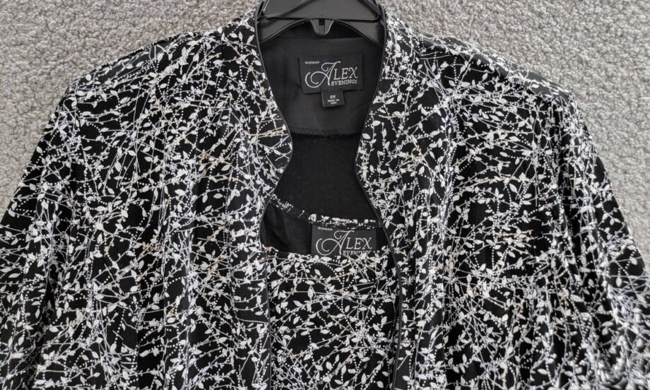 Alex Evenings Plus Metallic Printed Twinset Top Womens 2X Black/White 3/4 Sleeve