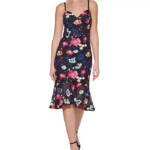 GUESS Embroidered Lace Midi Dress Womens 12 Black Multi Sweetheart Neck Back Zip