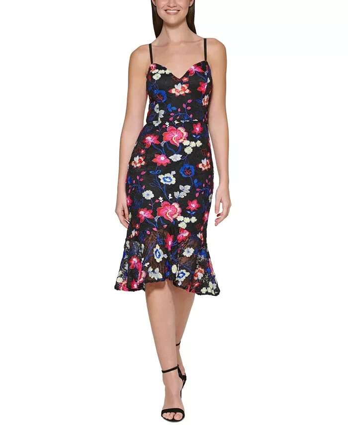 GUESS Embroidered Lace Midi Dress Womens 12 Black Multi Sweetheart Neck Back Zip