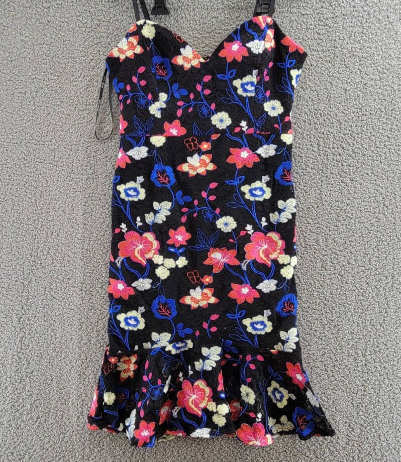 GUESS Embroidered Lace Midi Dress Womens 12 Black Multi Sweetheart Neck Back Zip