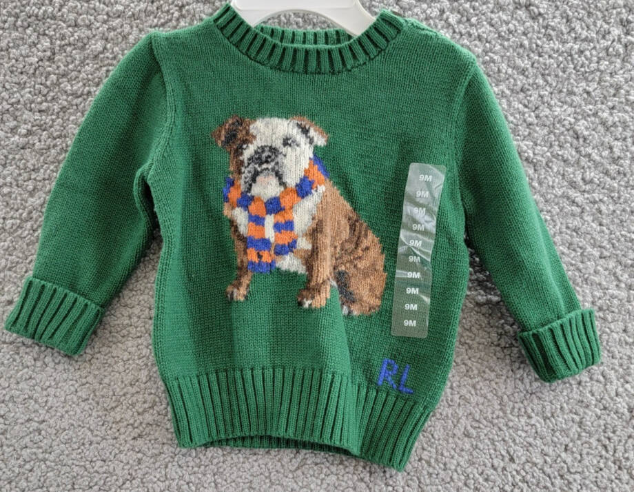 Ralph Lauren Dog-Intarsia Crewneck Sweater Baby Boys' 9M Green Long Sleeve