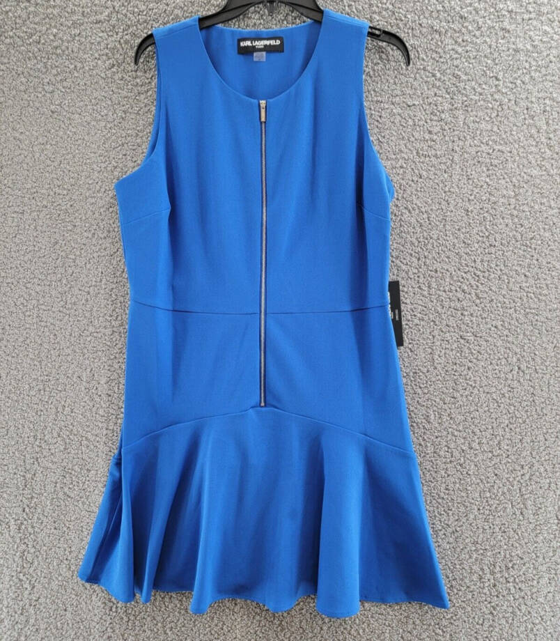 Karl Lagerfeld Paris Scuba Party Mini Dress Women's 14 Blue Sleeveless Front Zip