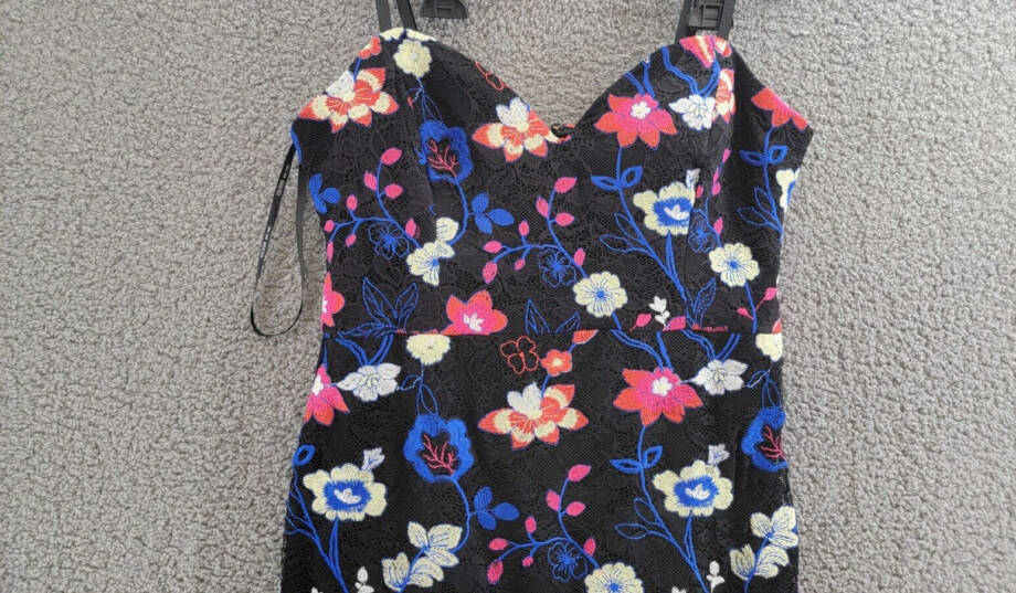 GUESS Embroidered Lace Midi Dress Womens 12 Black Multi Sweetheart Neck Back Zip
