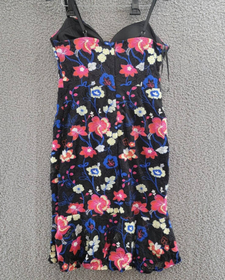 GUESS Embroidered Lace Midi Dress Womens 12 Black Multi Sweetheart Neck Back Zip