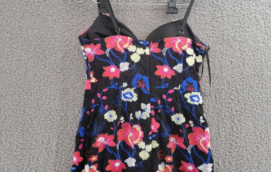GUESS Embroidered Lace Midi Dress Womens 12 Black Multi Sweetheart Neck Back Zip