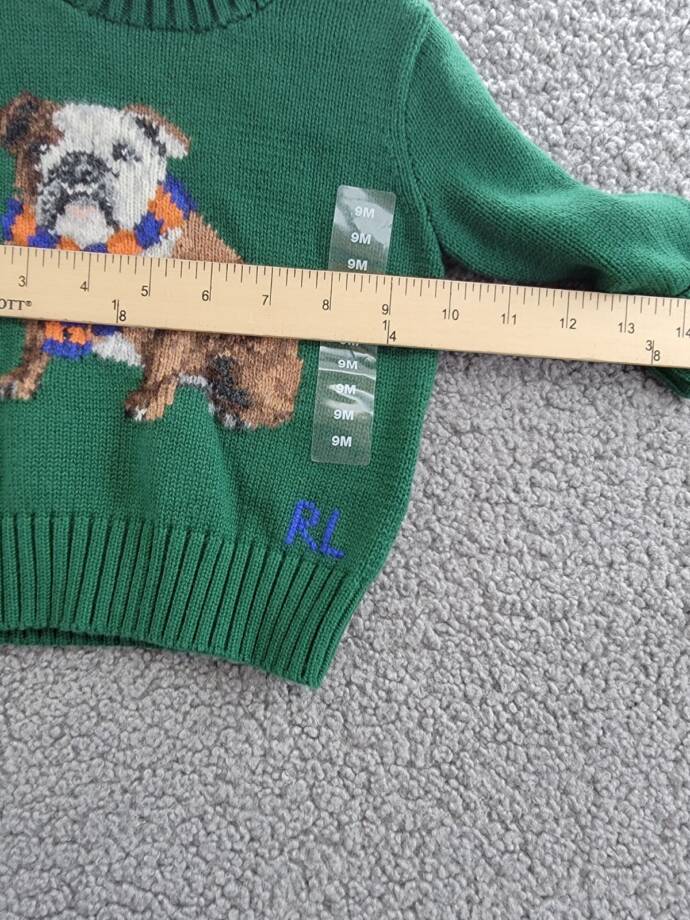 Ralph Lauren Dog-Intarsia Crewneck Sweater Baby Boys' 9M Green Long Sleeve