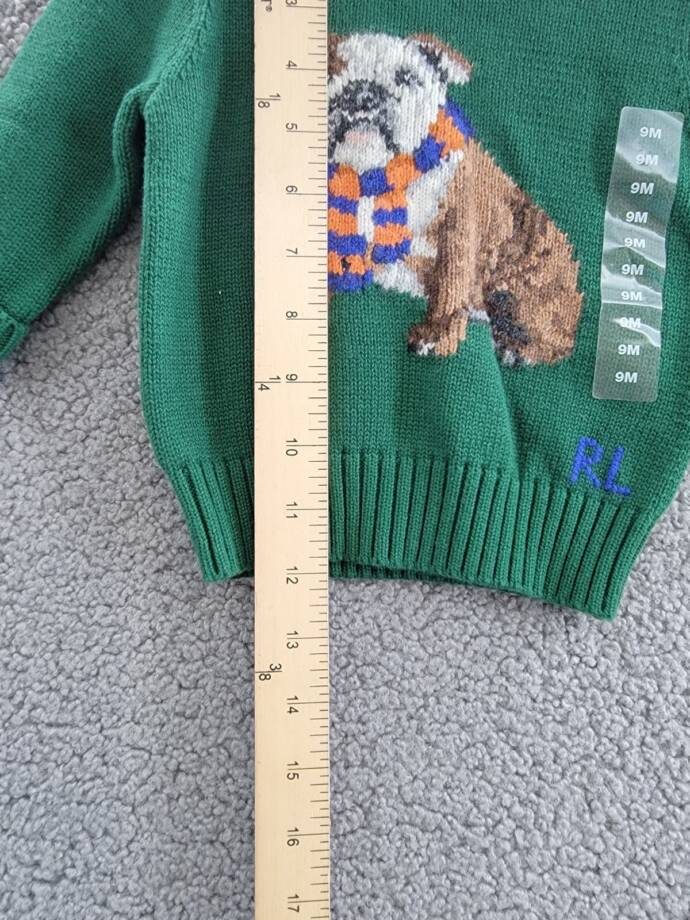 Ralph Lauren Dog-Intarsia Crewneck Sweater Baby Boys' 9M Green Long Sleeve