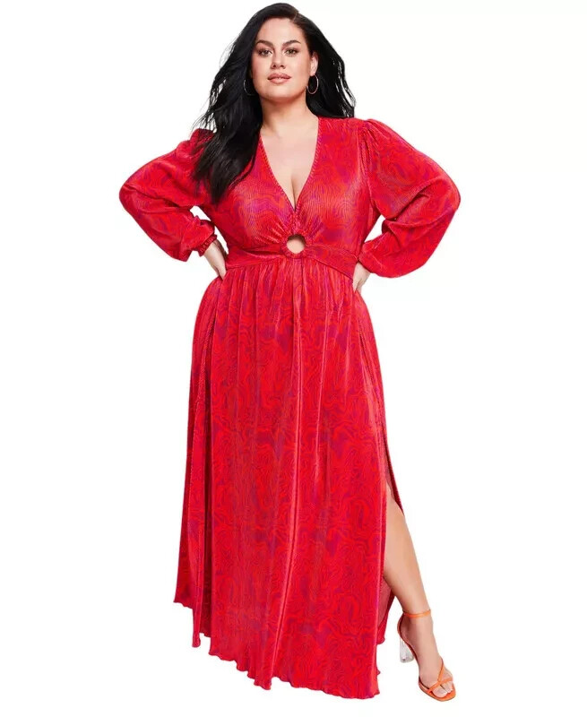Nina Parker Plus Size Keyhole Printed Pleated Maxi Dress Women's 3X Orange/Pink